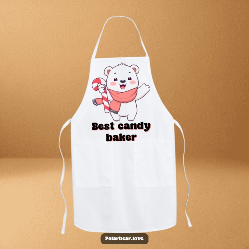 Funny polar bear apron, dressed in a scarf, joyfully waving a big candy cane, perfect for festive and fun kitchen activities.