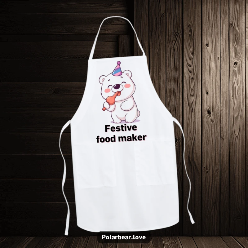 Funny Polar Bear Party Blower Apron: A cheerful polar bear enthusiastically blows a party blower.