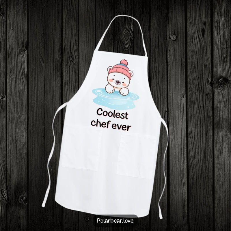 Funny polar bear apron, featuring a bear in a beanie, dipping paws in a sparkling pool, ideal for a fun and cool chef.