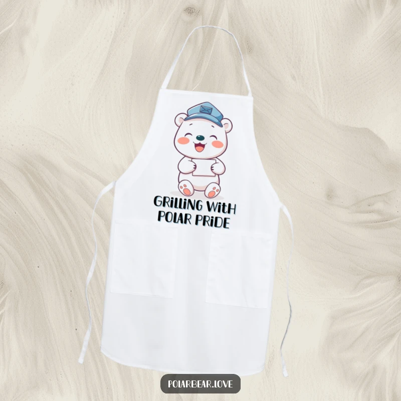 Funny polar bear mail carrier apron, showing a joyful bear in mail attire ready to cook.