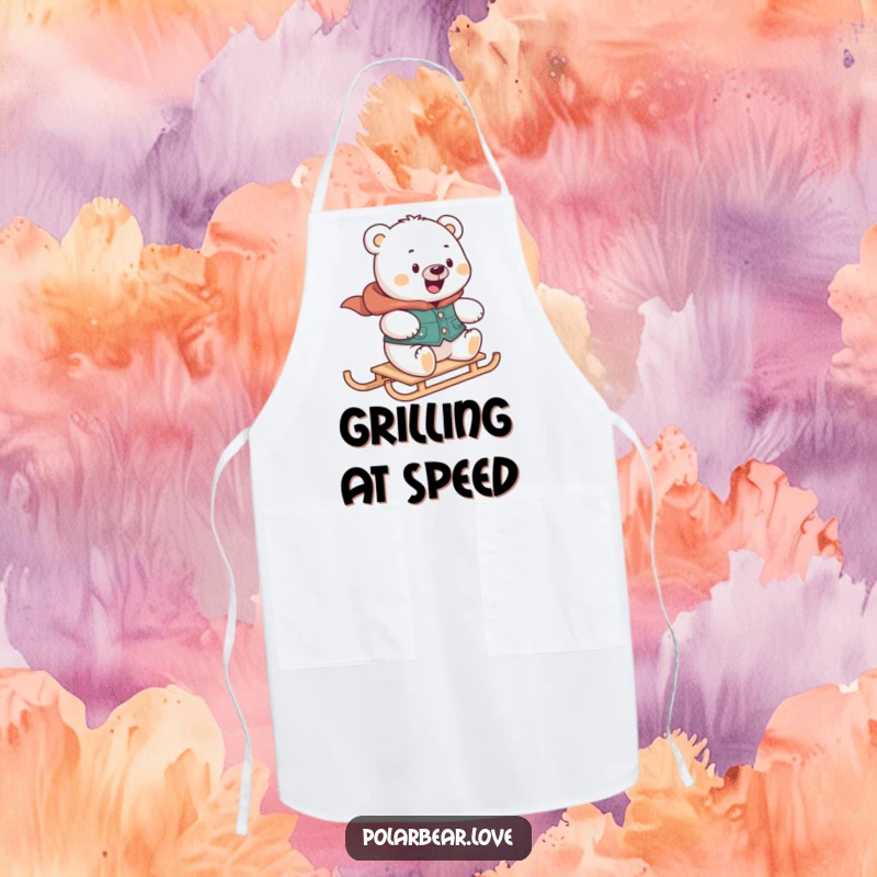 Funny polar bear apron in a vest, looking delighted while zooming on a mini sled, great for humorous winter cooking.