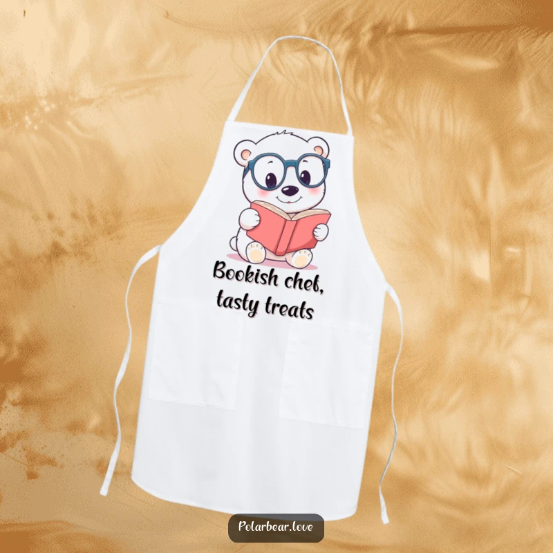 Funny polar bear spectacles apron, showing a curious bear with glasses ready to cook.
