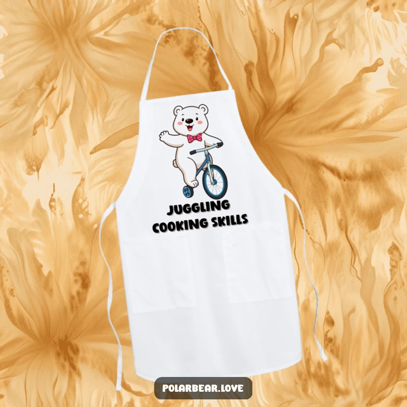 Funny Polar Bear Unicycle Apron: An energetic polar bear in a bowtie comically attempts to ride a unicycle.