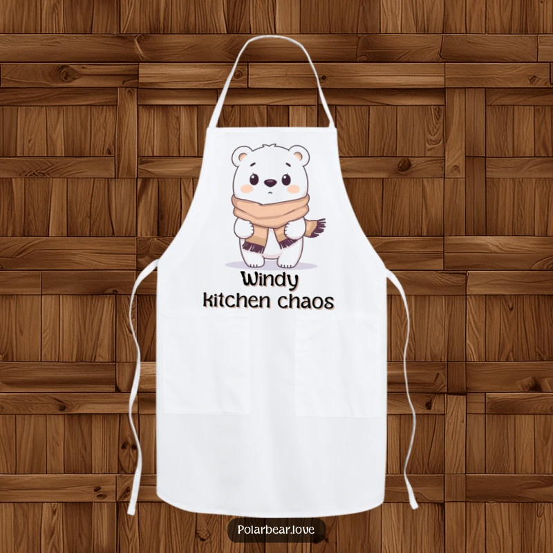 Funny polar bear apron, wind gust blowing scarf, surprised look while cooking, comical kitchen wear.