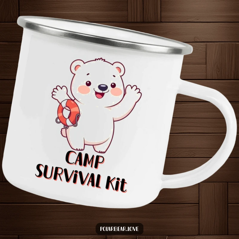 Funny polar bear wearing a life preserver, waving enthusiastically, durable and funny camping mug.