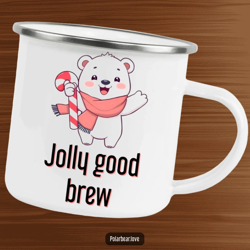 Funny polar bear camping mug, bright scarf, joyfully waving a big candy cane, perfect for sipping warm drinks outdoors with festive vibes.