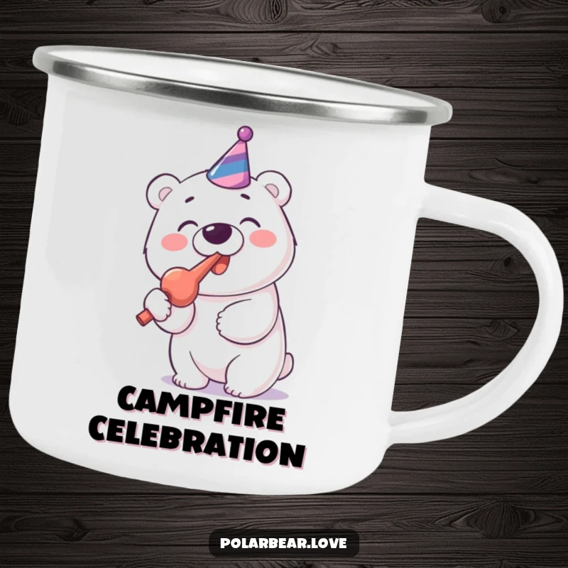 Funny Polar Bear Party Blower Camping Mug: A cheerful polar bear enthusiastically blows a party blower.