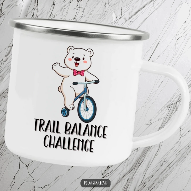 Funny Polar Bear Unicycle Camping Mug: An energetic polar bear comically attempts to ride a unicycle.