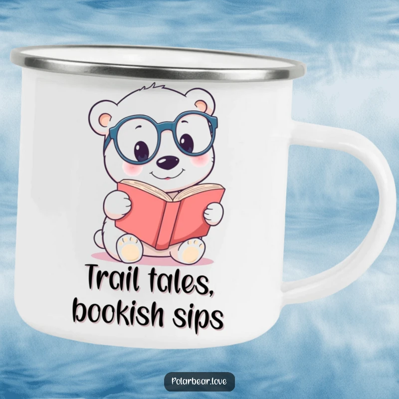 Funny polar bear spectacles camping mug, showing a curious bear with glasses reading outdoors.