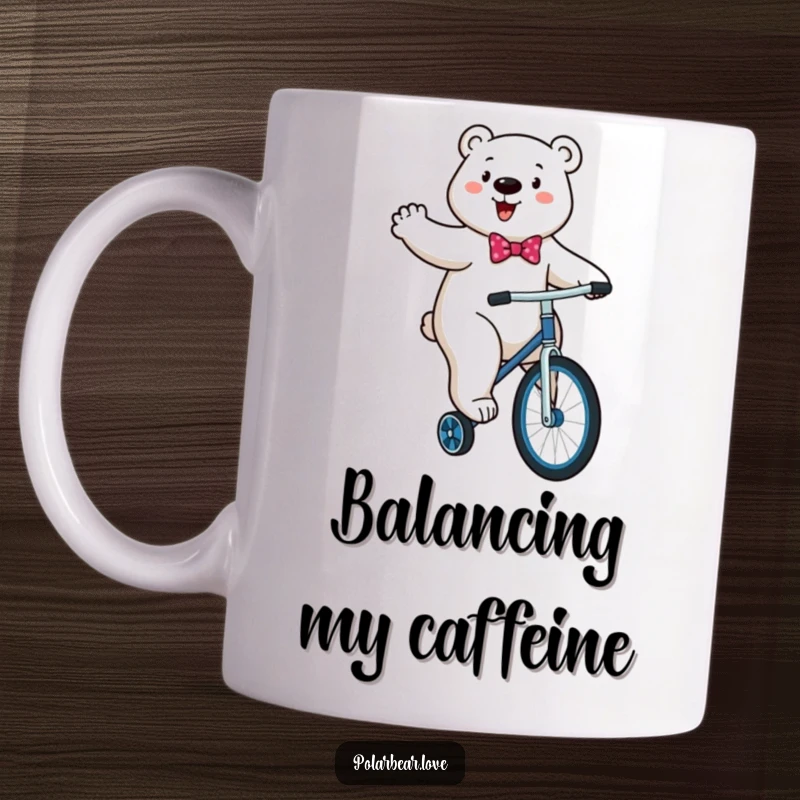 Funny Polar Bear Unicycle Mug: An energetic polar bear in a bowtie comically trying to ride a unicycle.