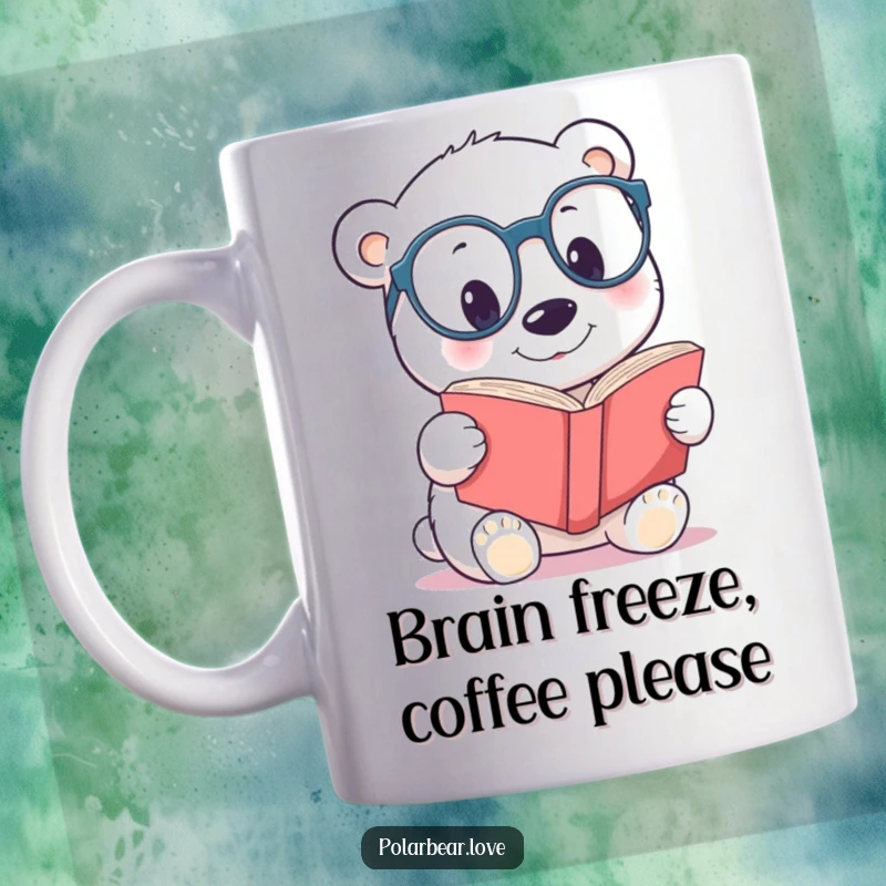 Funny polar bear spectacles mug, a playful bear wearing oversized glasses peering at a book.