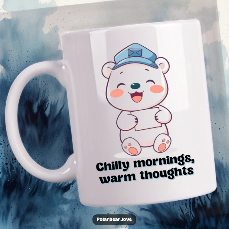 Funny polar bear mail carrier mug, a joyful bear in a tiny hat gleefully delivering letters.