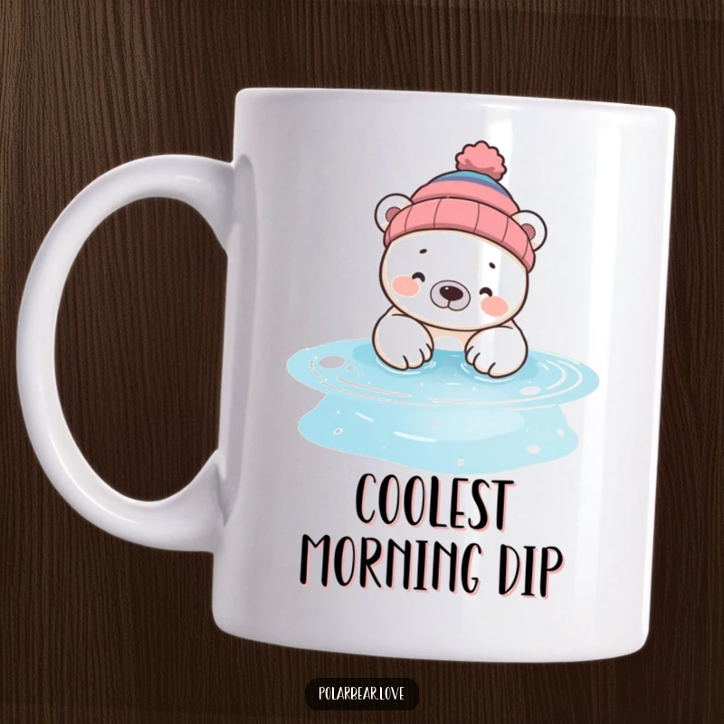 Funny polar bear mug wearing a beanie, playfully dipping paws into a sparkling pool, embodying silly and refreshing arctic fun.