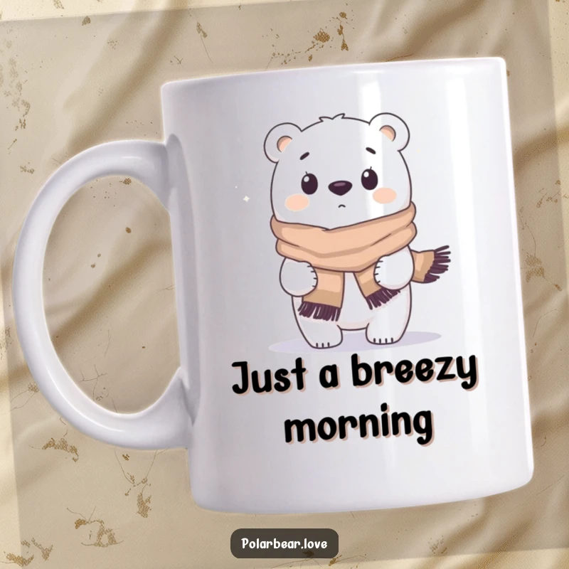 Funny polar bear mug surprised by wind, wearing large scarf, looking chilly and comical. A perfect winter gift.
