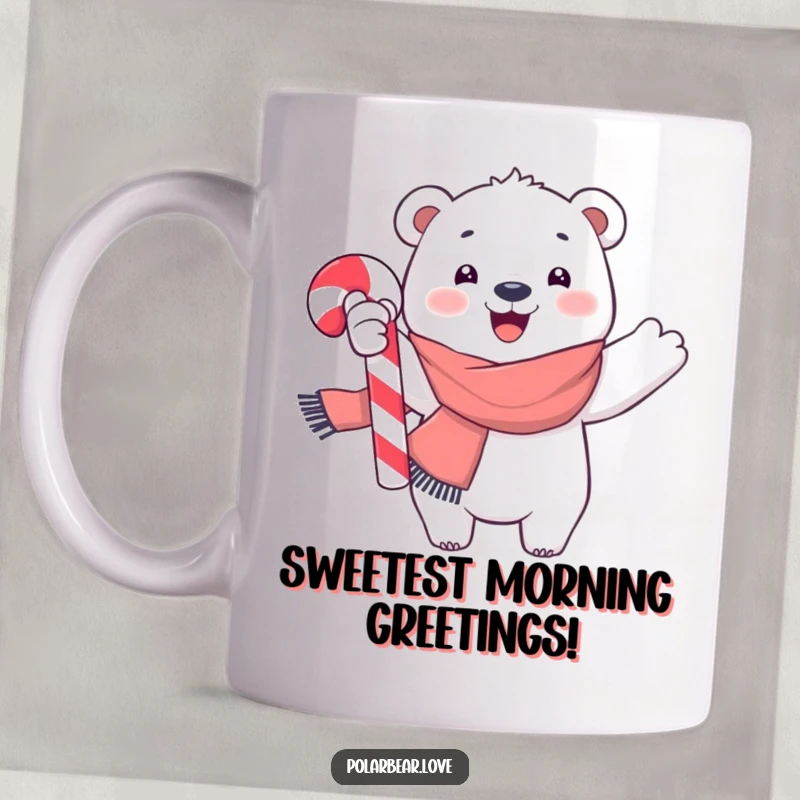 Funny polar bear mug wearing a bright scarf, joyfully waving a giant candy cane, spreading holiday cheer and festive vibes.