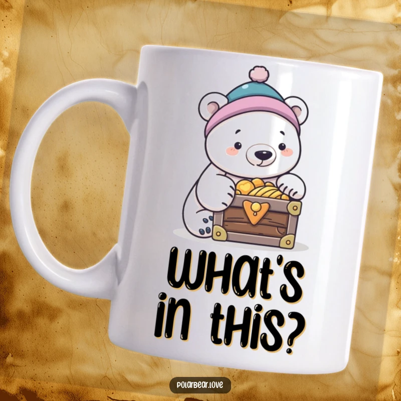 Funny polar bear in a tiny cap, peering into a treasure chest, a delightful funny mug.