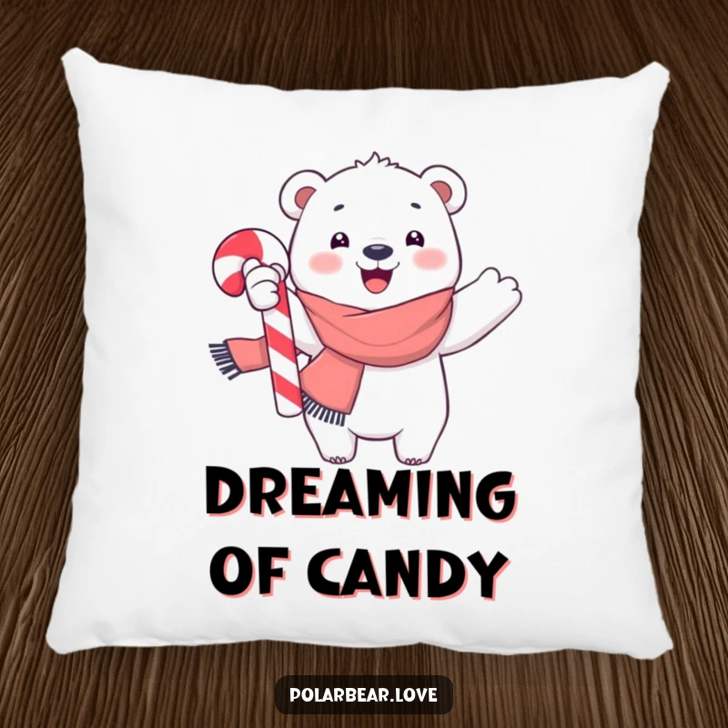 Funny polar bear pillow, cozy in a scarf, joyfully waving a giant candy cane, a delightful and festive home decor item.