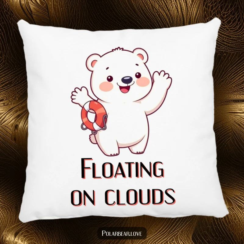 Funny polar bear in a life preserver, waving enthusiastically, a soft and funny pillow.