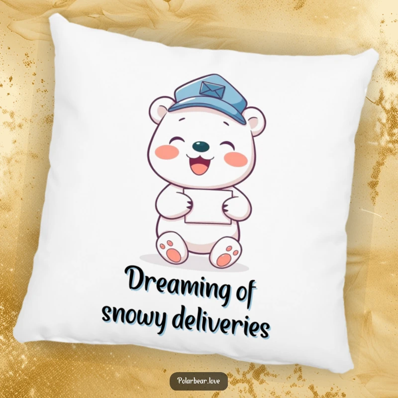 Funny polar bear mail carrier pillow, featuring a joyful bear delivering letters with glee.
