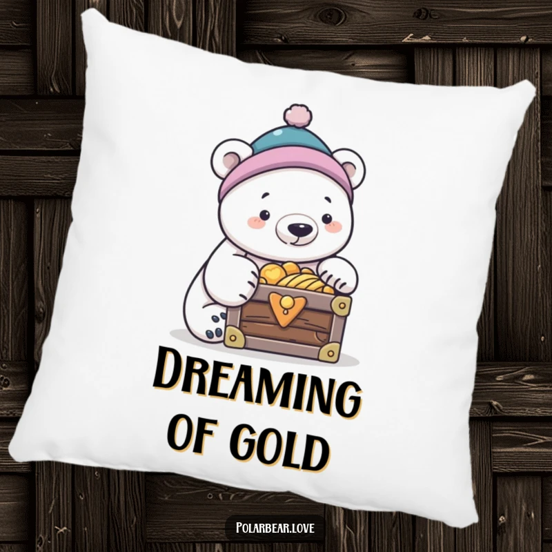 Funny polar bear in a tiny cap, peering into a treasure chest, a soft and funny pillow.