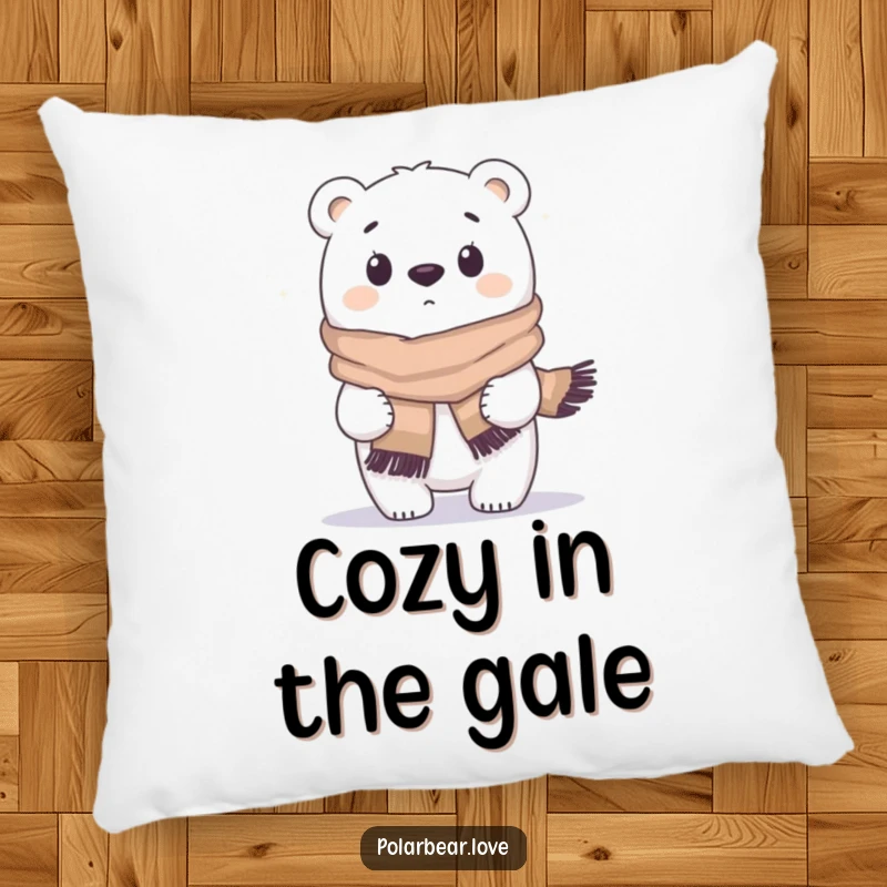 Funny polar bear pillow, wind blowing scarf, surprised expression, soft and comical home decor.
