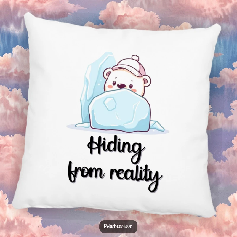 Funny polar bear pillow in a cap, curiously peeking from behind a large ice sculpture, perfect for cozy mystery home accents.