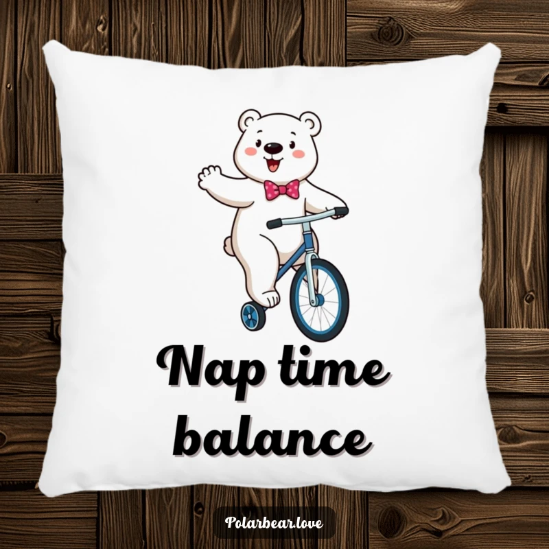 Funny Polar Bear Unicycle Pillow: An energetic polar bear with a bowtie comically trying to ride a unicycle.