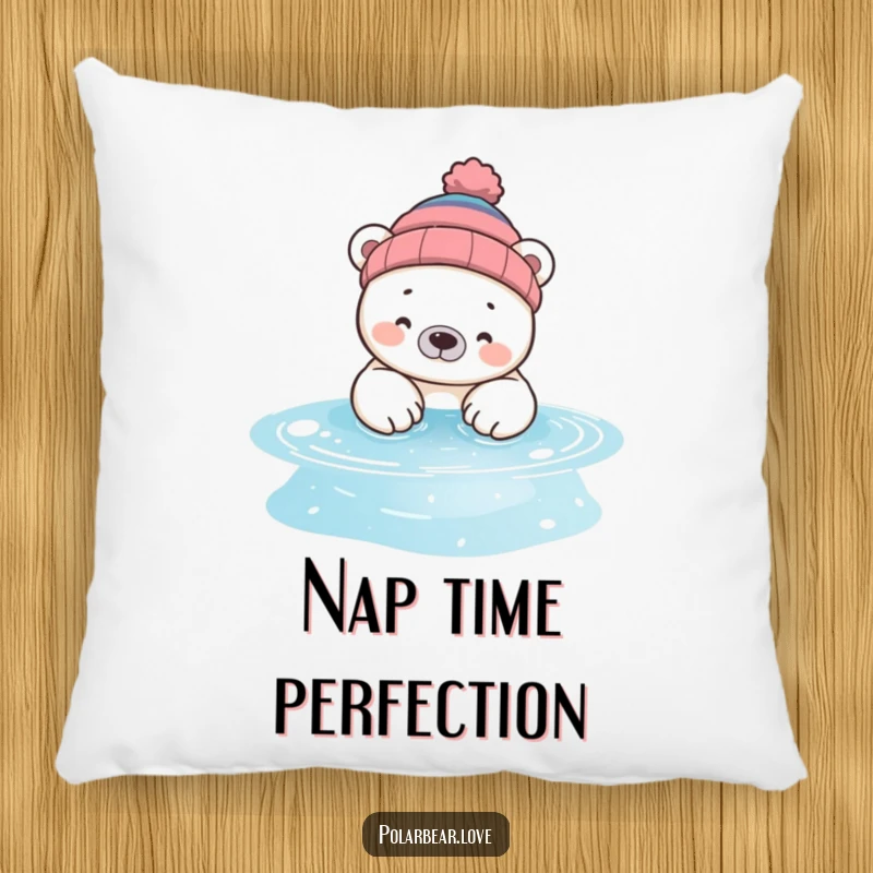 Funny polar bear pillow, a bear with a beanie, dipping paws into a sparkling pool, perfect for cozying up with a smile.