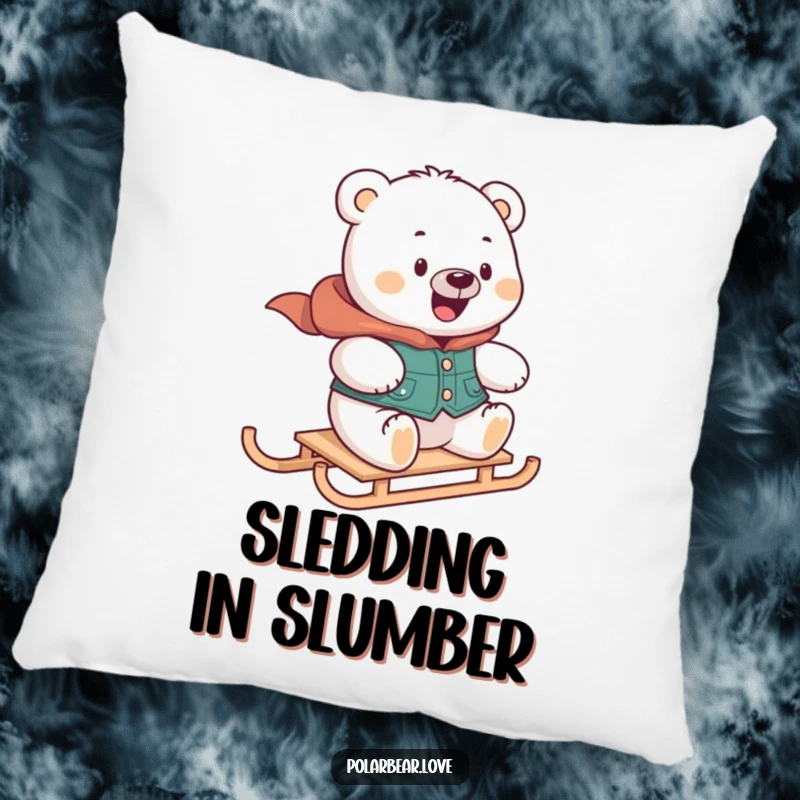 Funny polar bear pillow in a vest, looking delighted while zooming on a mini sled, perfect for cozy winter home accents.