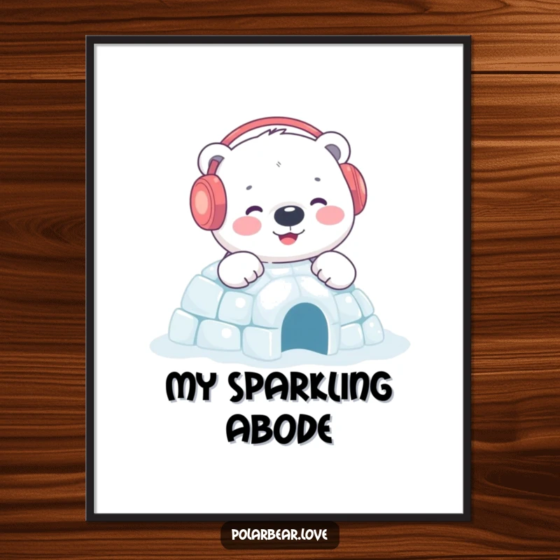 Funny polar bear igloo digital art print of a content bear with earmuffs building a sparkling igloo, capturing serene winter moments.