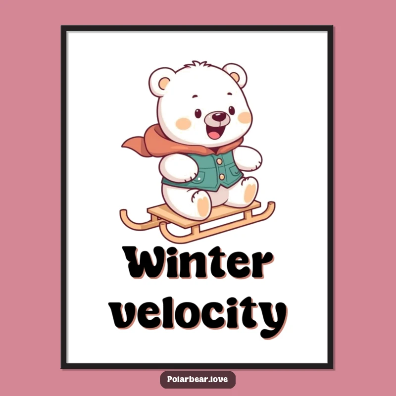 Funny Polar Bear Sledding Digital Art: Printable Winter Adventure Decor