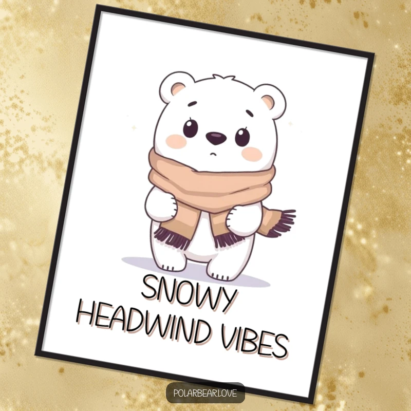Funny polar bear digital art, wind gust blowing scarf, surprised look, comical arctic animal illustration.