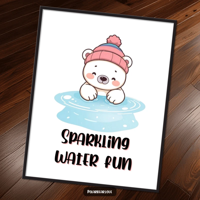 Funny polar bear digital art, a bear in a beanie, dipping paws into a sparkling pool, an instant downloadable piece of art.