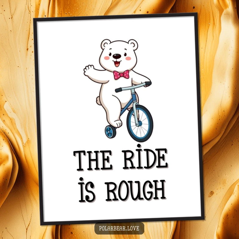 Funny Polar Bear Unicycle Digital Art: An energetic polar bear in a bowtie comically attempts to ride a unicycle.
