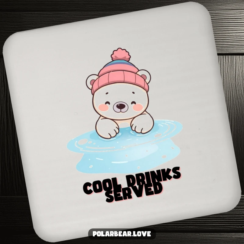 Funny polar bear coaster, a bear wearing a beanie, dipping paws into a sparkling pool, a fun and functional drink accessory.
