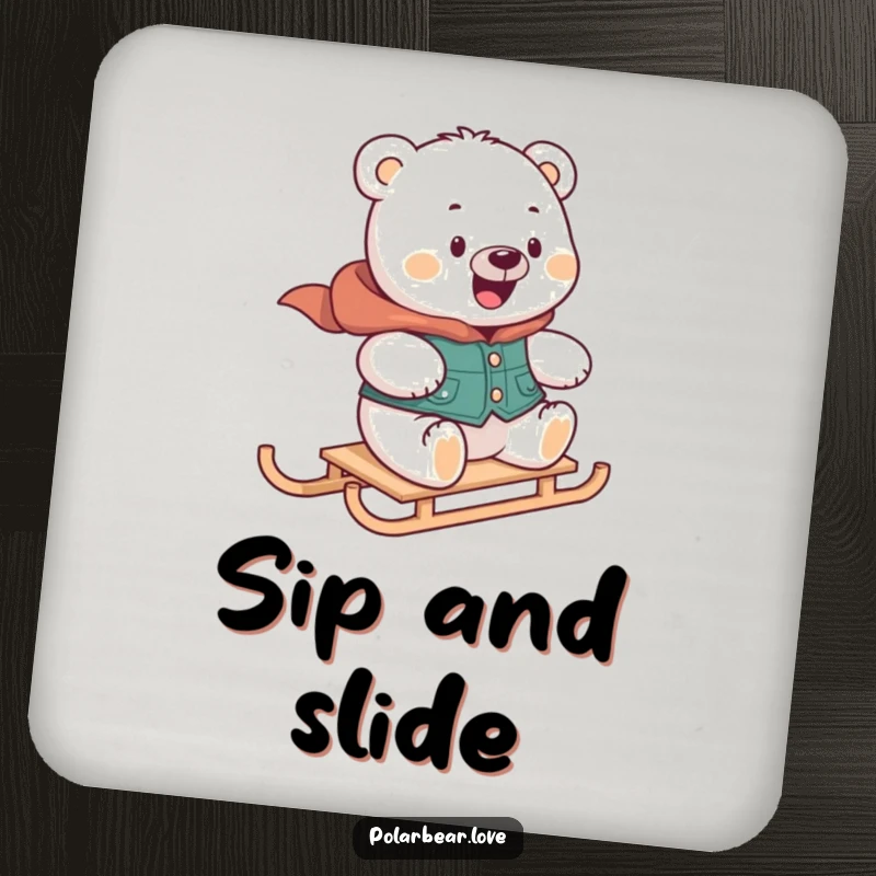 Funny polar bear coaster in a vest, looking delighted while zooming on a mini sled, excellent for winter-themed tabletops.