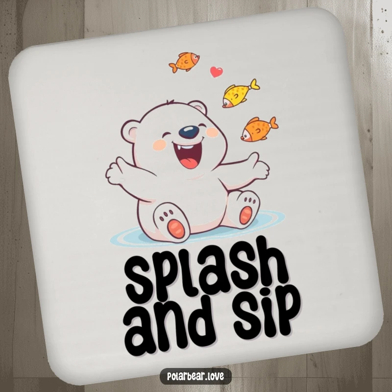 Funny Polar Bear Juggling Fish Coaster: A giggling polar bear with a huge grin joyfully juggles colorful fish.