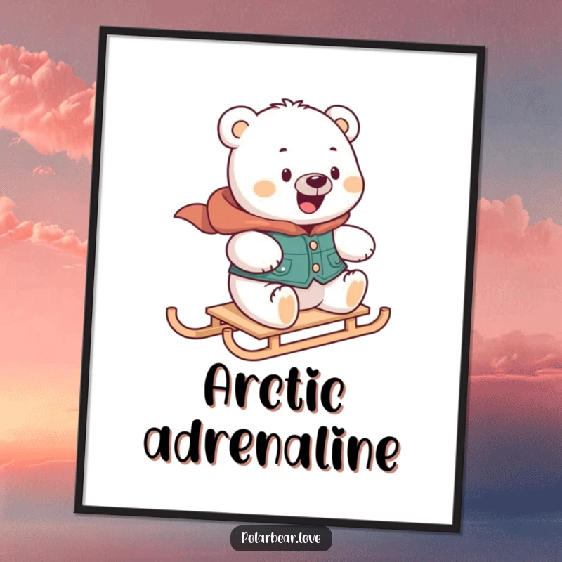 Funny polar bear poster in a vest, looking delighted while zooming on a mini sled, ideal for winter-themed wall decor.