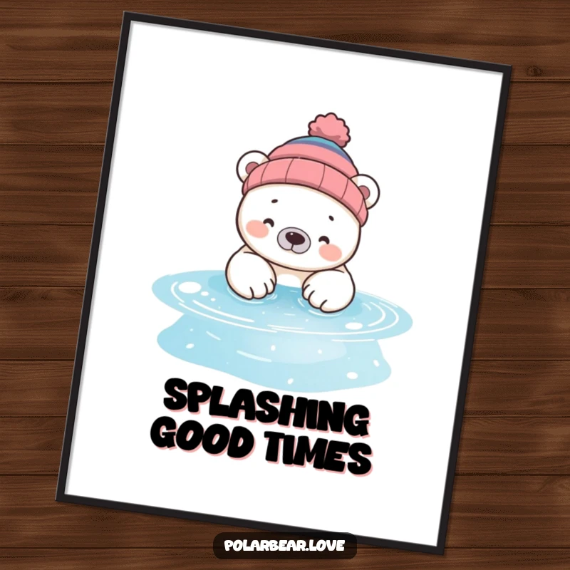 Funny polar bear poster, a bear in a beanie, playfully dipping paws into a sparkling pool, a whimsical piece of wall art.