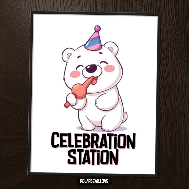 Funny Polar Bear Party Blower Poster: A cheerful polar bear enthusiastically blows a party blower with wide gusto.