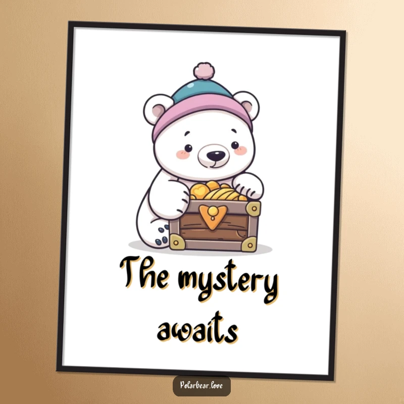 Funny polar bear in a tiny cap, peering into a treasure chest, humorous funny poster.
