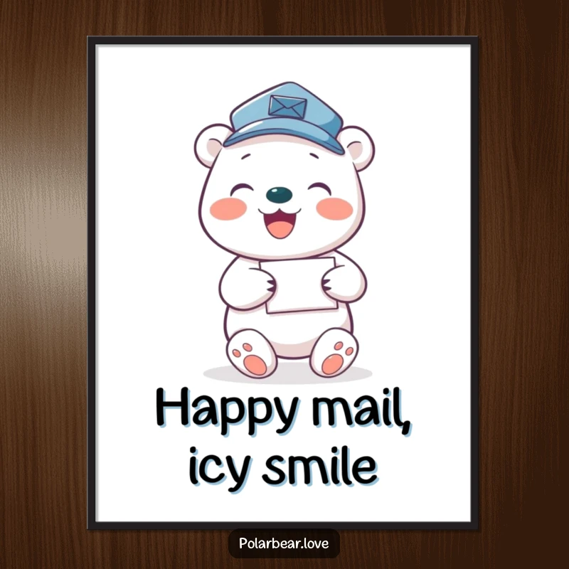 Funny polar bear mail carrier poster, a joyful bear in a tiny hat gleefully delivering letters.