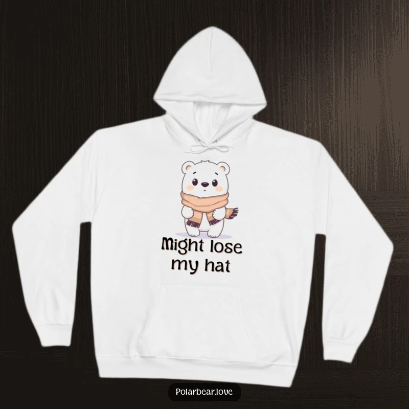 Funny polar bear hoodie, caught in wind with oversized scarf, looking surprised and comical. A warm, humorous gift.