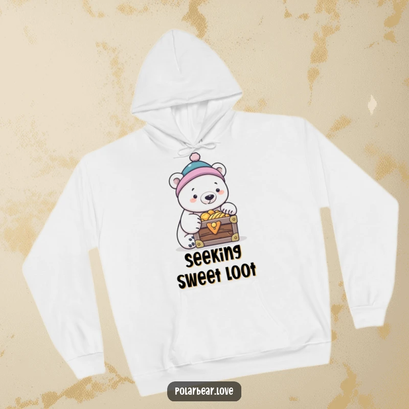 Funny polar bear in a tiny cap, peering into a treasure chest, warm and funny hoodie gift.