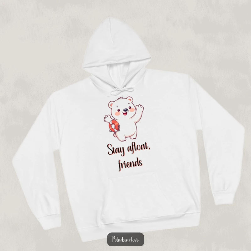 Funny polar bear wearing a life preserver, waving cheerfully, warm and funny hoodie gift.