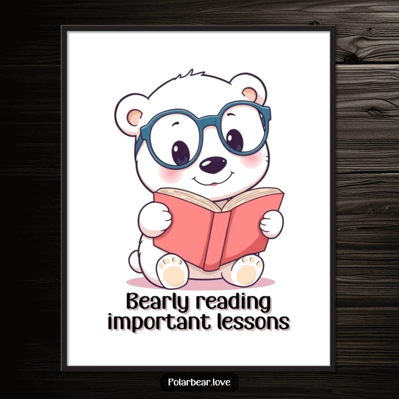 Funny Free Printable Wall Art: A playful polar bear wearing oversized spectacles, curiously peering into a large book.