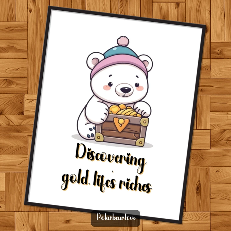 Funny free printable wall art of a curious polar bear in a tiny cap, peeking into an open treasure chest.