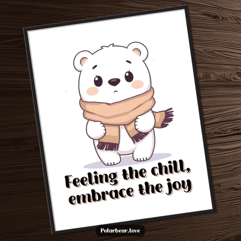 Funny Free Printable Wall Art: Polar bear surprised by wind, wearing oversized scarf, winter landscape.