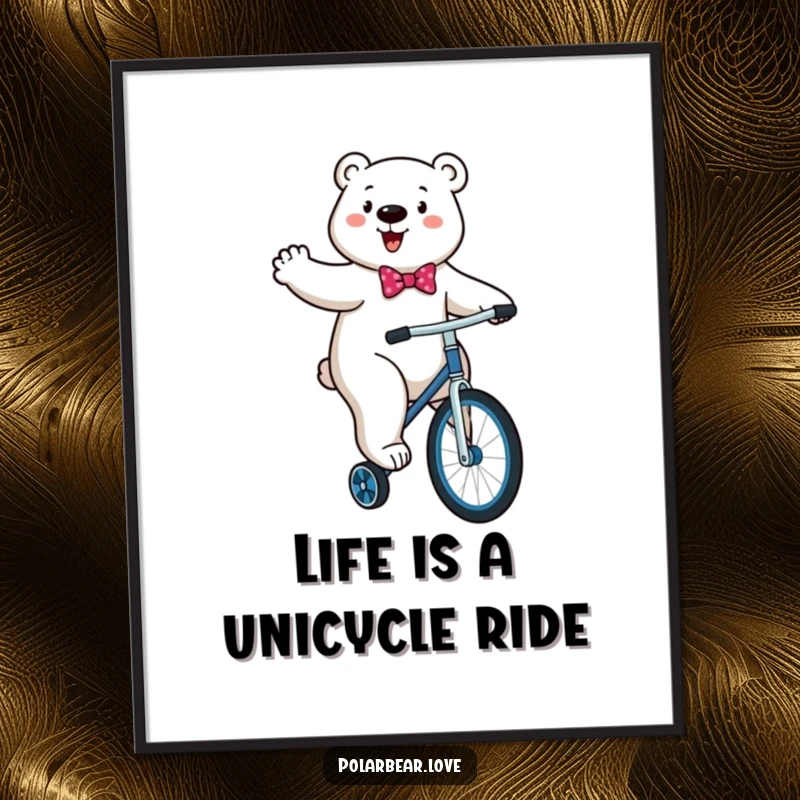 Funny Free Printable Wall Art: Energetic Polar Bear in Bowtie Comically Attempting to Ride a Unicycle