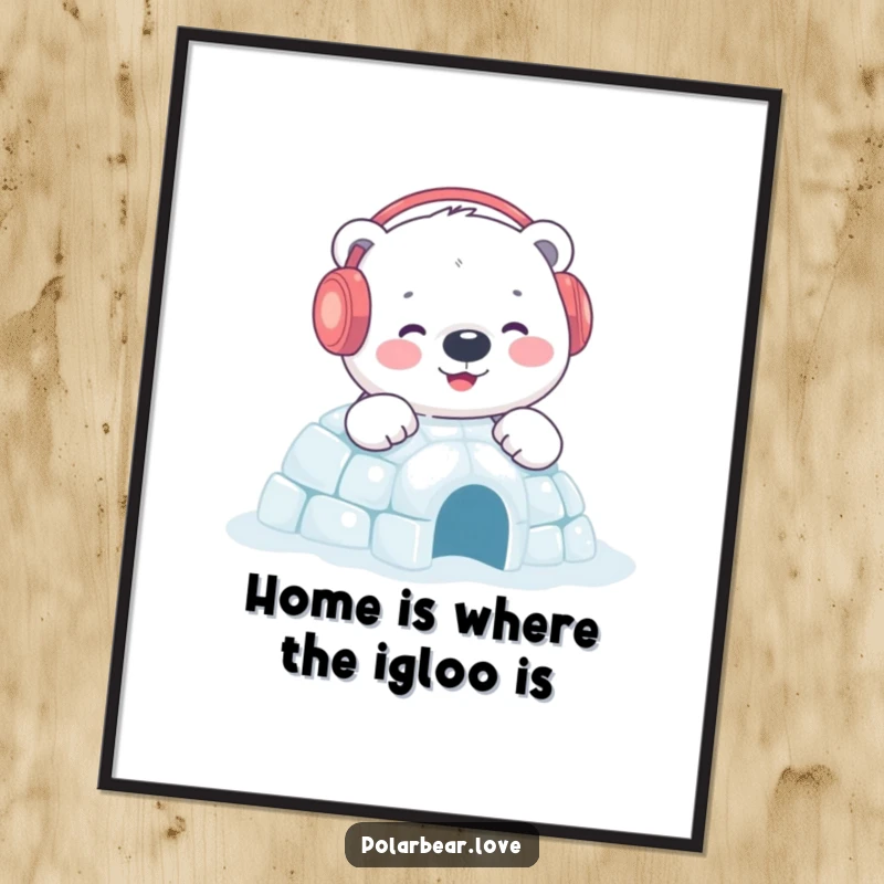 Whimsical Free Printable Wall Art: Content polar bear in earmuffs happily building a small, sparkling igloo, creating a charming scene.
